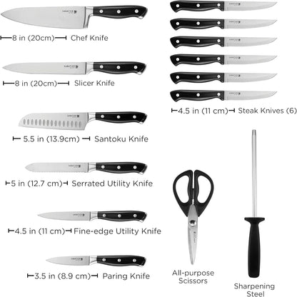 Sabatier 15-Piece Forged Triple Rivet Knife Block Set, High-Carbon Stainless Steel Kitchen Knives, Razor-Sharp Knife set with Acacia Wood Block, White Handles