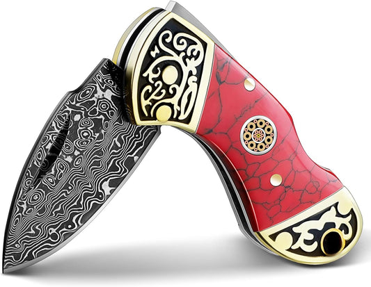 DRGSKL Damascus Pocket Knife for Gifting - Small EDC Knife for Dad – Great Gift Idea - Collectible Vintage Folding Knives for Cutting, Peeling, and Box/Envelope Opening - Gift for Men and Women（Red）