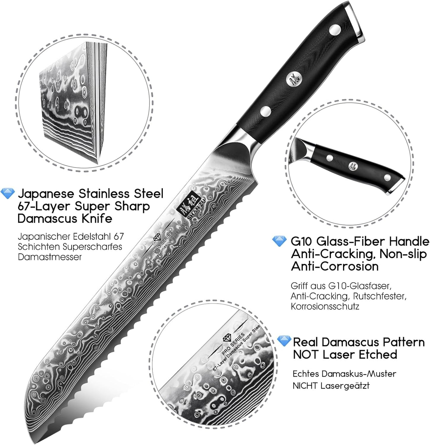 SHAN ZU Chef Knife 8 Inch Japanese Steel Damascus Kitchen Knife, Professional Kitchen Knives Sharp High Carbon Super Steel Kitchen Utility Knife