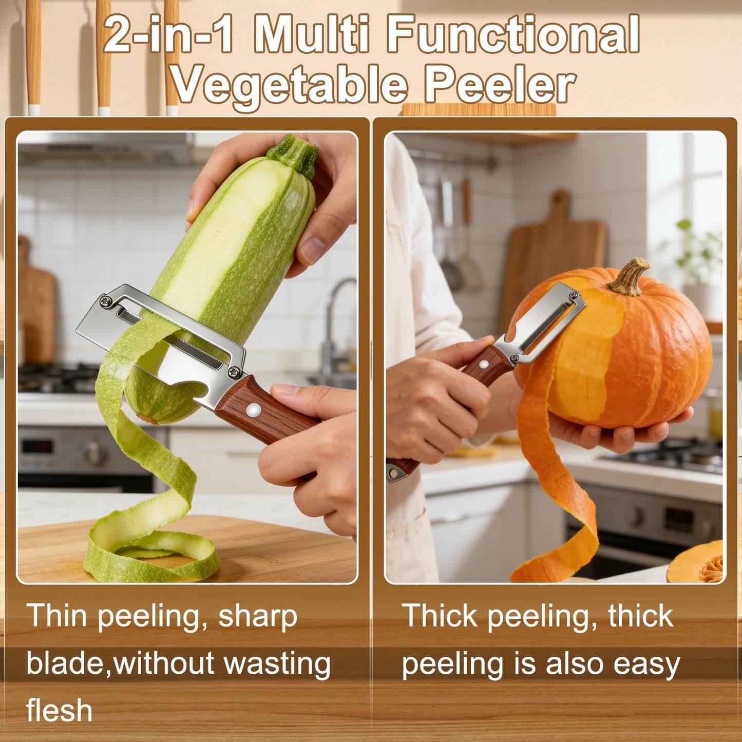 2PCS Premium Vegetable Peeler with Wooden Handle and Bottle Opener, Multifunctional Vegetable Peeler, 2-In-1 Stainless Steel Blade Peeler Knife for Potato Fruit Pineapple Pumpkin Papaya Carrot (A)