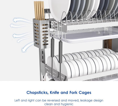Stainless Steel Wall Mounted Dish Drying Rack, 2/3-Tier Kitchen Counter Organizer with Hooks, Chopsticks Cage and Knife Holder - Space Saving Dish Drainer and Utensils Shelf,A-1