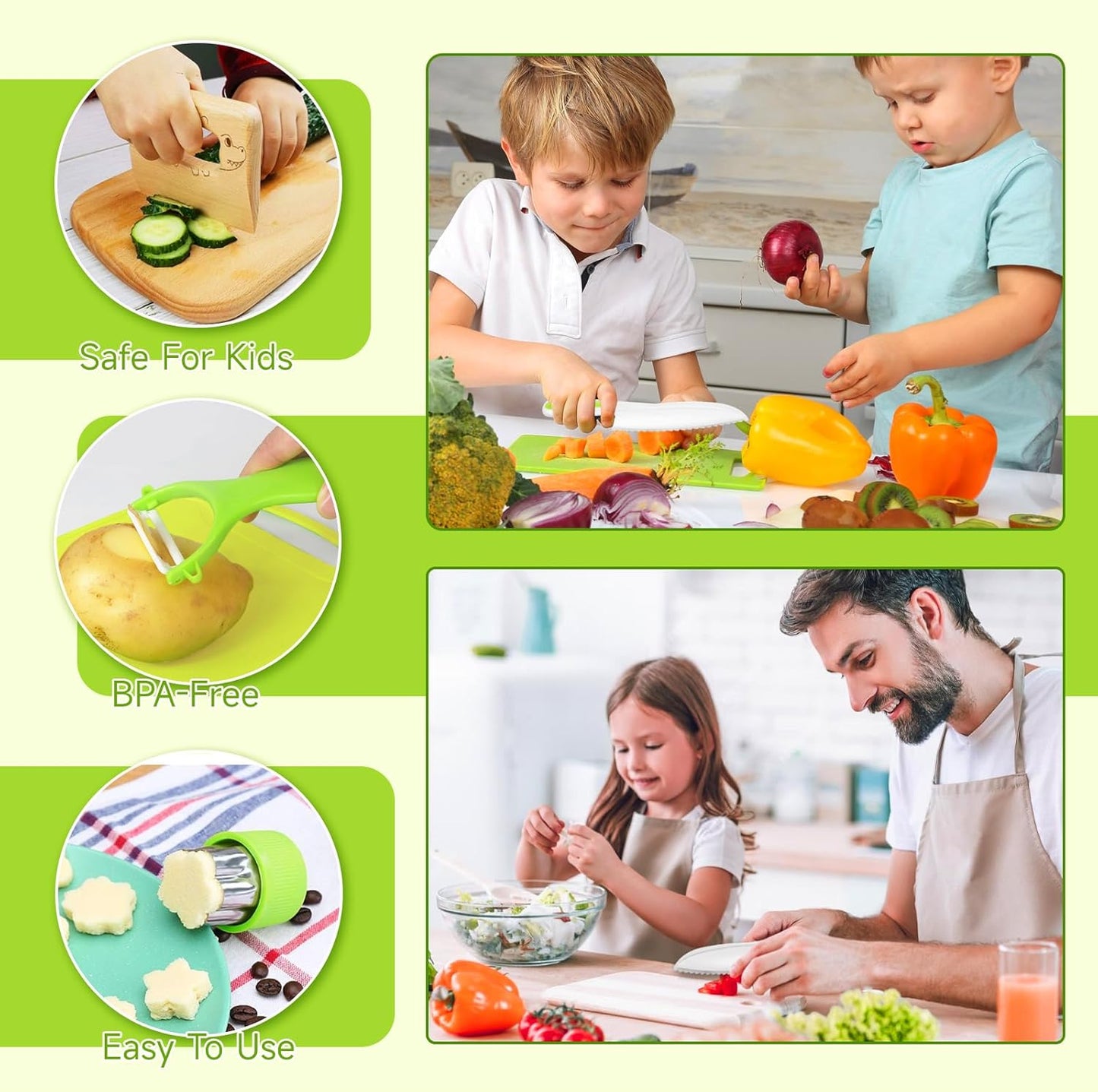 Suhctuptx Toddler Knife Set, Kids Knife Set for Real Cooking, Kid Safe Knives with Cutting Board Crinkle Cutters Montessori Kitchen Toys, Toddler Girl Gifts Age 3 4 5 6 7 8 Year Old