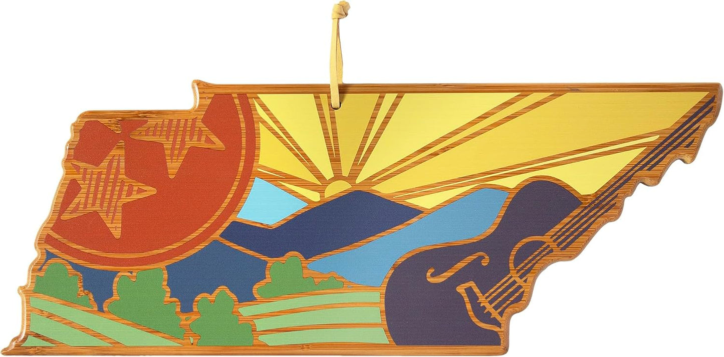 Totally Bamboo North Carolina State Shaped Cutting Board and Charcuterie Serving Platter with Artwork by Summer Stokes, Includes Hang Tie for Wall Display 18" x 8" x 5/8" - Colors A