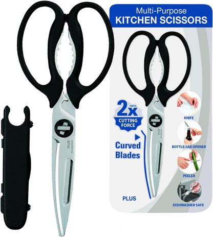 Multi-Purpose Kitchen Shears – Meat & Vegetable Cutter, Crab Cracker, Vegetable Peeler, Jar & Bottle Opener, Knife, Safety Cap, Dishwasher Safe (1 Pair, White)