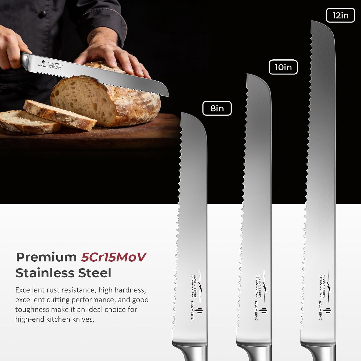 10" Bread Knife - Sourdough Slicing Knife Professional 5Cr15MoV Stainless Steel Serrated Knives, Ergonomic Wood Handle & Full Tang Design, Gift Box Included (Single-Edge