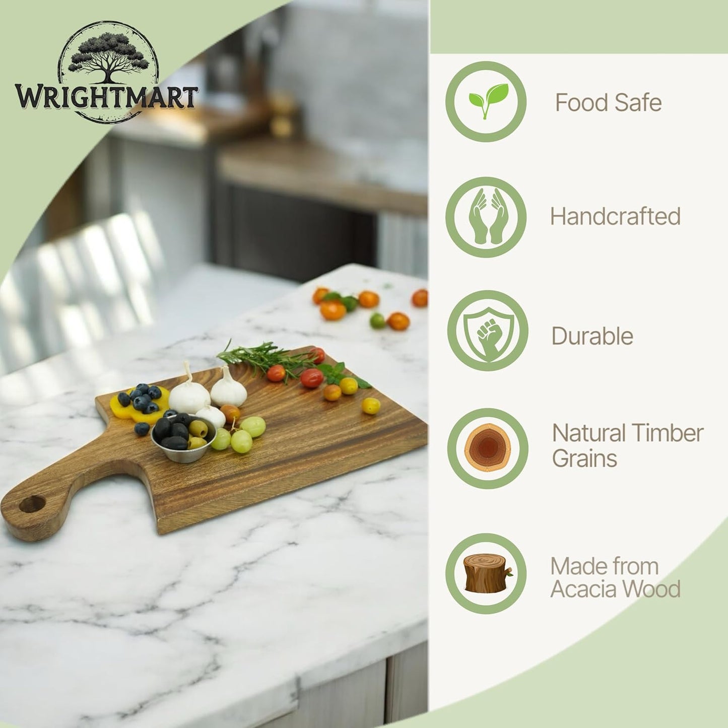 Acacia Wood Cutting Board with Handle, Single Piece Solid Wood, Double Sided Charcuterie and Bread Board, Small Knife Friendly Kitchen Prep Board, 15 x 8 Inch