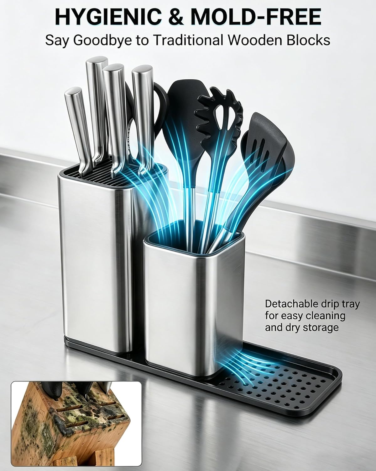 Universal Knife Block, 3-in-1 Stainless Steel Knife Holder and Utensil Holder, Extra Stable Non-Slip Base Kitchen Organizer for Countertop Storage, Space Saving Caddy for Knives, Spoons, Fork