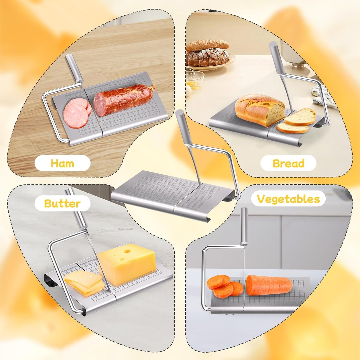 Cheese Slicer, with Measuring Grids Board & 6 Piece Cheese Knives, Stainless Steel Cheese Cutter with Blade, for Block Cheese, Butter and Sausages, Dishwasher Safe