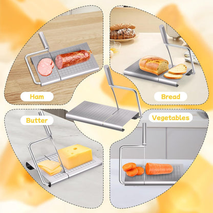Cheese Slicer, with Measuring Grids Board & 6 Piece Cheese Knives, Stainless Steel Cheese Cutter with Blade, for Block Cheese, Butter and Sausages, Dishwasher Safe