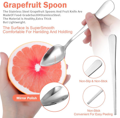 Grapefruit Knife 5 Pieces Set, 3 Stainless Steel Grapefruit Spoons & 2 Grapefruit Knives, Serrated Edge Utensils for Citrus Fruits (Silver)