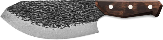TRUE PrimalForge Chef Knife | All-Purpose Knife, Slice Dice Chop & Mince, Home & Professional, Rugged Stonewash Finish, Sharp 5Cr15MoV Stainless-Steel, Wood Handle, Hand Forged Appearance