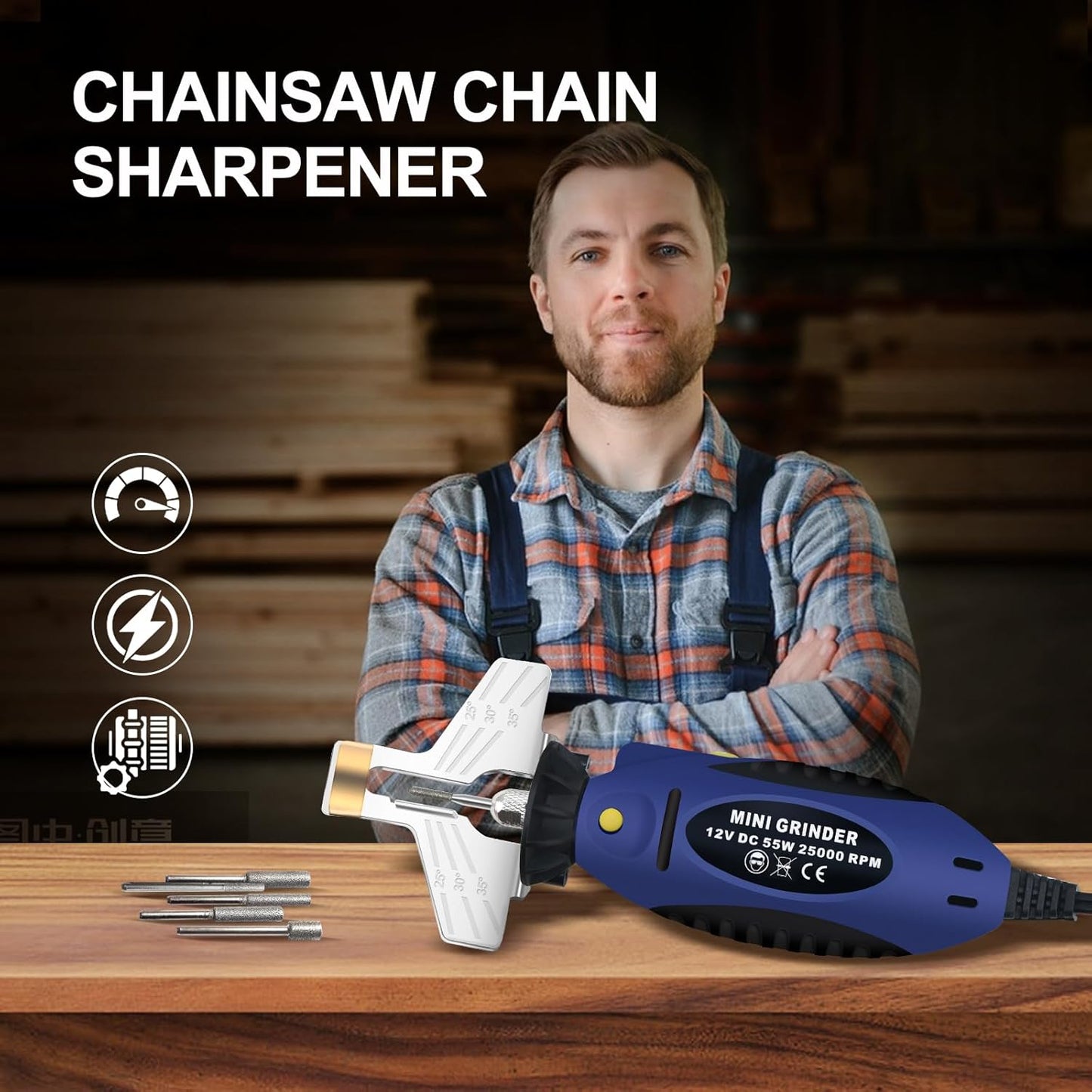 Electric Chainsaw Sharpener kit， Chainsaw Chain sharpener12V,DC 55W 25000PRM,with 5 Alloy Grinding Stones,File, 110V Convert 12V Outlet Power Adapter (ETJ007)