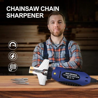 Electric Chainsaw Sharpener kit， Chainsaw Chain sharpener12V,DC 55W 25000PRM,with 5 Alloy Grinding Stones,File, 110V Convert 12V Outlet Power Adapter (ETJ007)