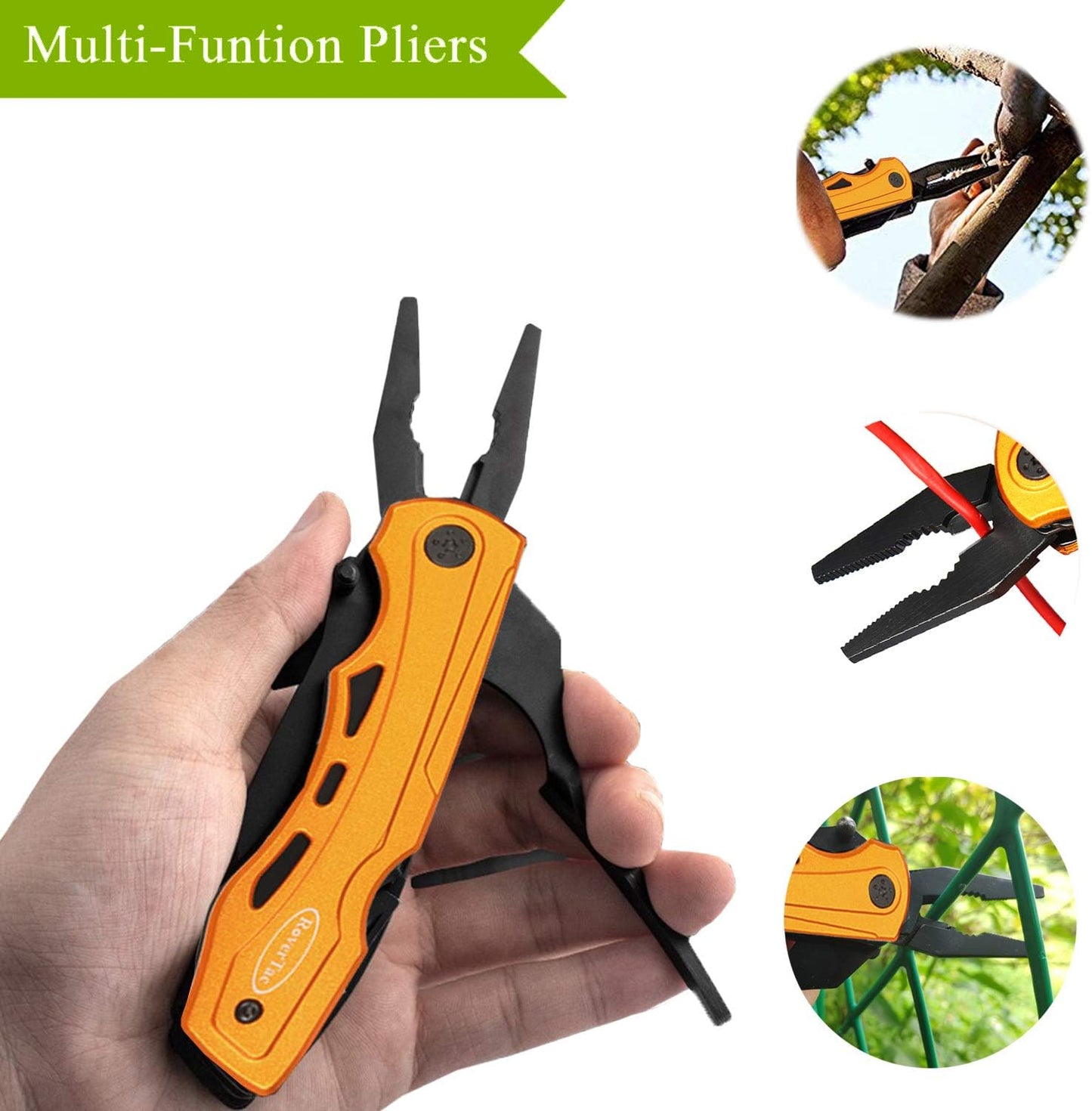 RoverTac Pocket Knife, 15-in-1 Multitool with Pliers, Bottle & Can Opener, 9 Screwdriver Bits, Locking Mechanism & Nylon Sheath - EDC Multi Tool for Camping, Hiking & DIY, Gift for Men & Dad