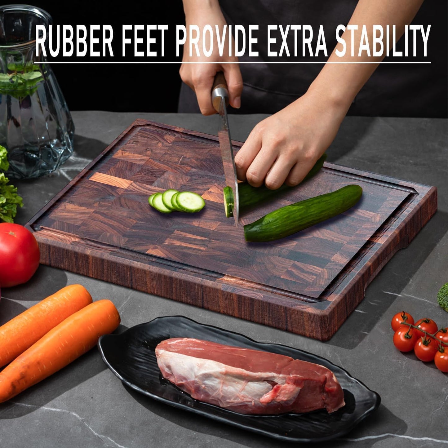 COCOBOSS Large Black Walnut Cutting Board Premium Walnut Chopping Board for Kitchen with Juice Slot, Non-Slip Feet, (Large - 16.5x11.8x1 inches)