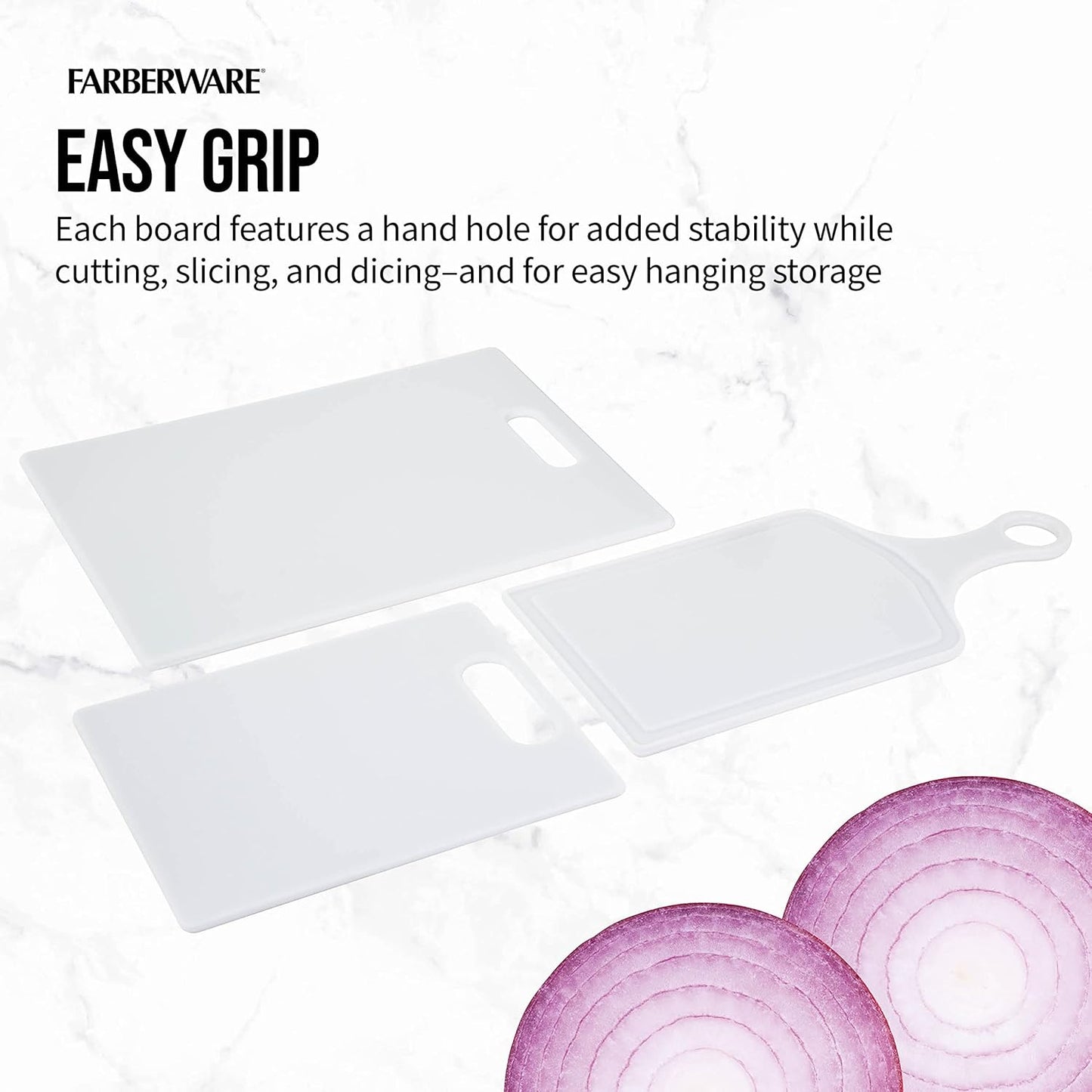 Farberware 3-Piece Plastic Cutting Board Set, Dishwasher-Safe Poly Chopping Board for Kitchen with Paddle, Charcuterie Board Set, White