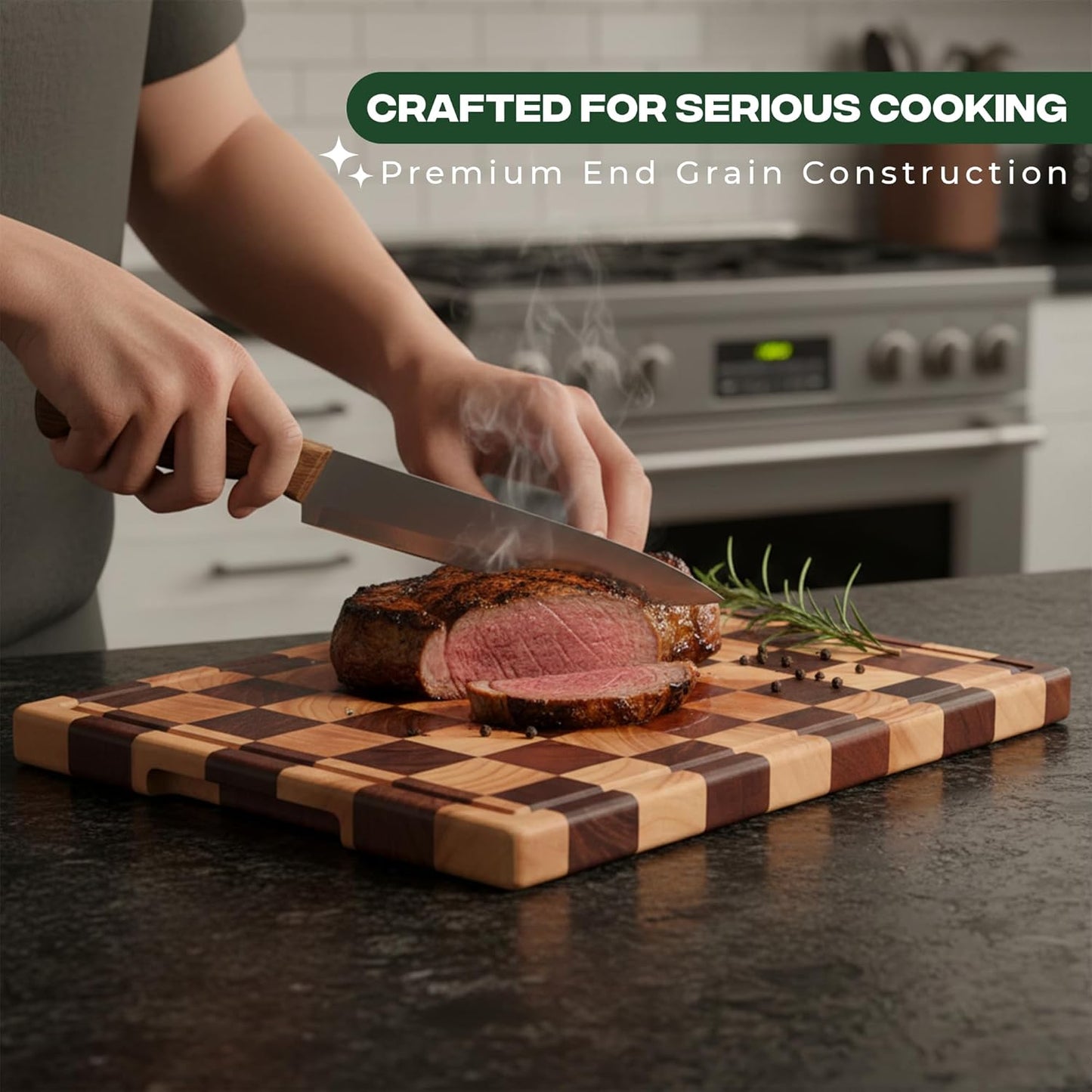 100% Organic Acacia Wood Cutting Board 16.5" x 11.6"–End Grain Checkered Wooden Cutting Board for Kitchen,Premium Butcher Block with Deep Juice Groove, Built-In Handle & Non-Slip Pads