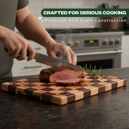 100% Organic Acacia Wood Cutting Board 16.5" x 11.6"–End Grain Checkered Wooden Cutting Board for Kitchen,Premium Butcher Block with Deep Juice Groove, Built-In Handle & Non-Slip Pads