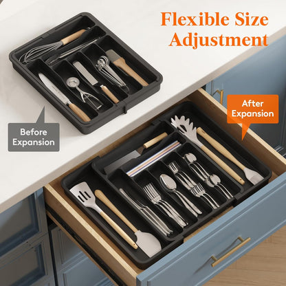 Lifewit Utensil Organizer for Kitchen Drawer, Expandable Cooking Silverware Tray, Adjustable Cutlery Flatware Holder, Plastic Spatula Tools Storage Divider, 14.4 x 15.8", Black