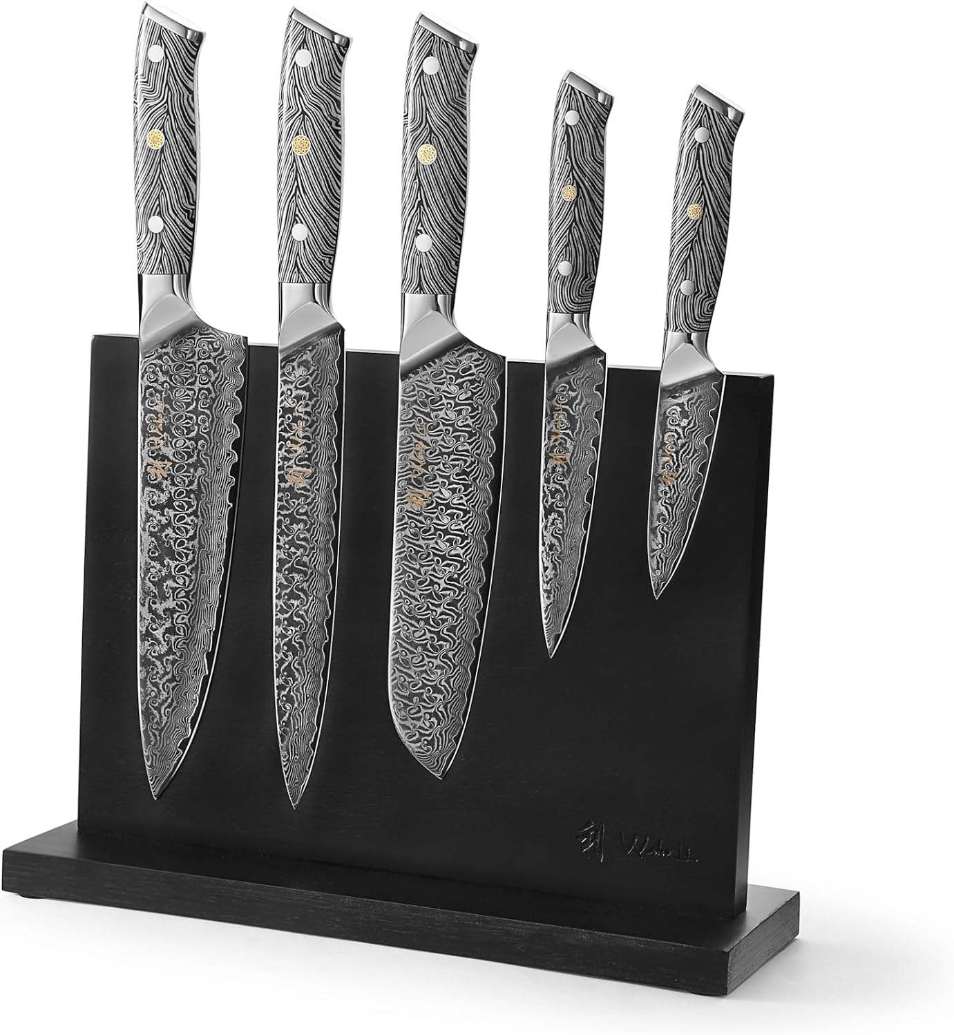 Wakoli Damascus Chef Knife Set with Magnetic Block – 5-Piece Professional Kitchen Knife Block Set, Genuine 67-Layer Damascus Steel Blades with VG10 Core & Ergonomic Sycamore Wood Handles