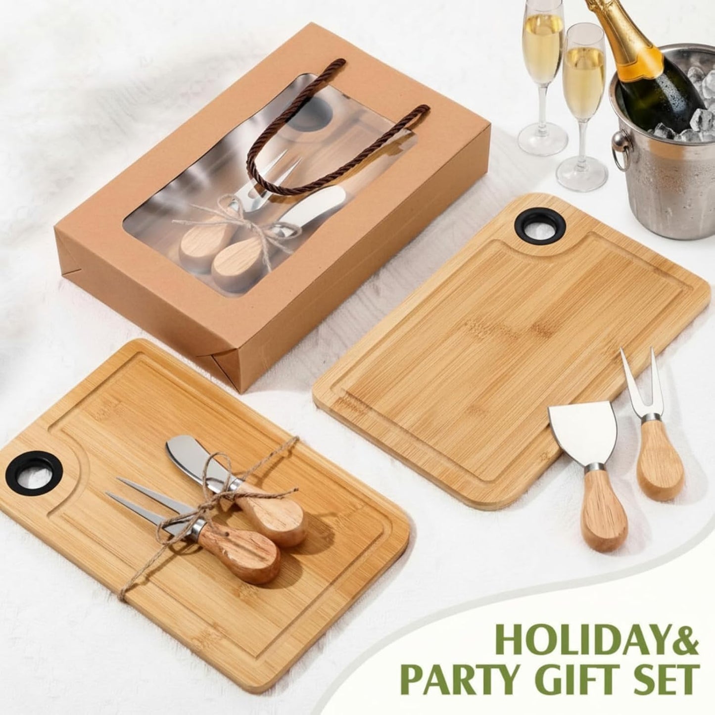 LemonRoad 6 Set Bridal Shower Favors Bamboo Cheese Board Charcuterie Board Gift Set with Knives Forks Bags for Baby Shower Gifts Easter Spring Wedding Favors