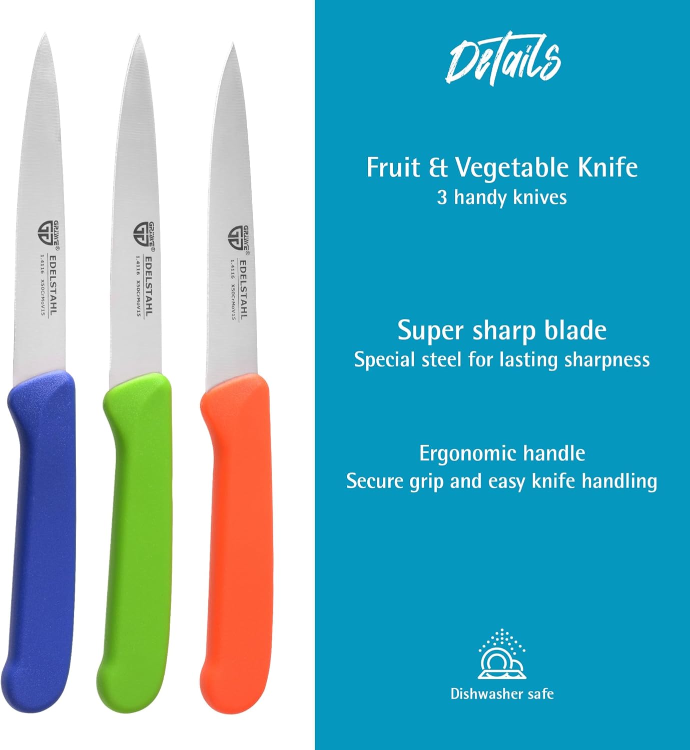 GRÄWE Vegetable Knives Set of 3 Stainless Steel, Multi-Coloured, Super Sharp, Dishwasher Safe