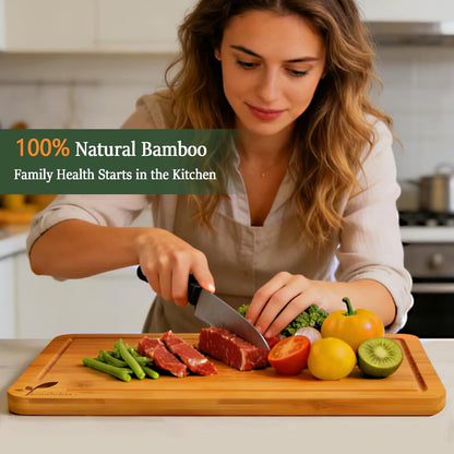 Cutting Boards for Kitchen, Bamboo Cutting Board Set of 3 with Storage Stand, Deep Carbonized Chopping Boards with Deep Juice Grooves and Side Handles for Meat, Vegetables, Fruit and Meal Prep