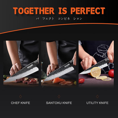 Huusk Japanese Chef Knife Set - Hand Forged Kitchen Knives for Meat Cutting - ATS-34 Carbon Steel Knives Set with Wooden Handle - Viking Cooking Knife Sets for BBQ Christmas Gift for Men and Women