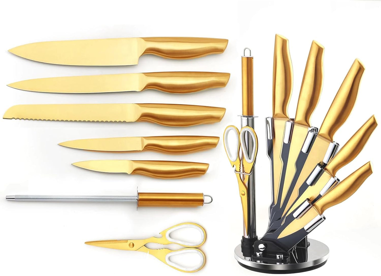 Luxury Gold Knife Set With Rotation Block, 8 Pieces Titanium-Coated Dishwasher Safe Stainless Steel Gold Chef Knife Set,with Sharpener&Scissors,Gift for Home Housewarming