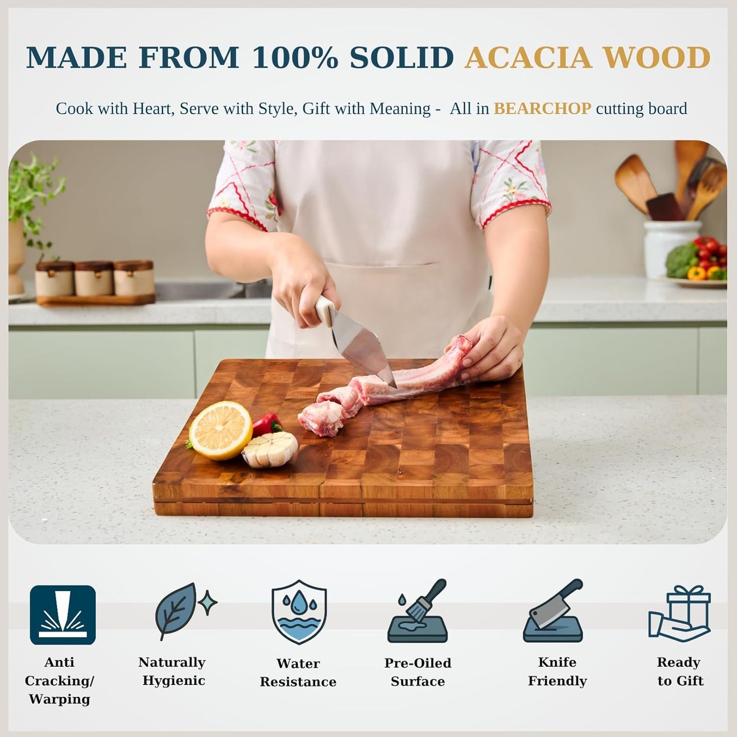 Bearchop Square Acacia Wood Cutting Board for Kitchen with 4-Side Reinforced Bar for Anti Crack/Warp, [14"x14"x1.25"] End Grain Cutting Board, Wooden Butcher Block with Gift Box