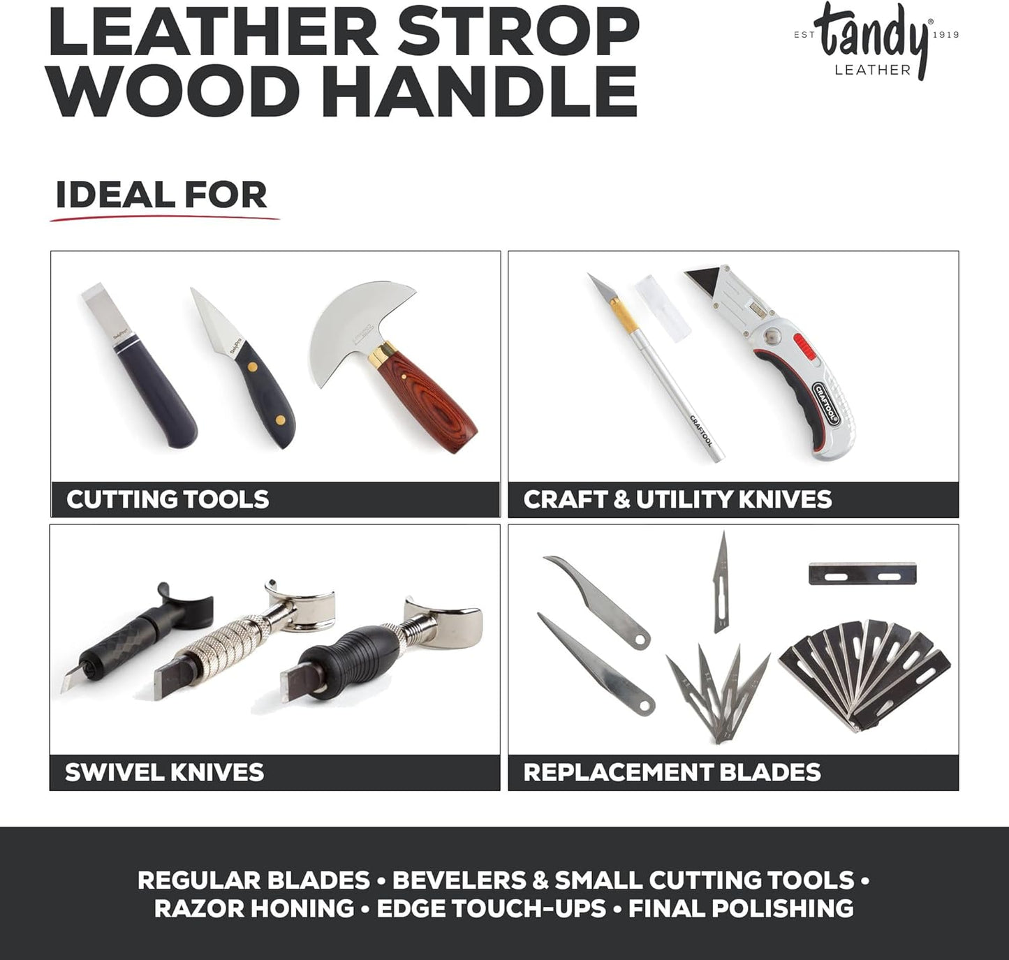 Tandy Leather Craftool Leather Strop - with Wood Handle for Knife Sharpening and Edge Alignment - Dual Sided Polishing Surface for Maintaining Blade Edge