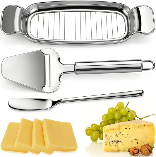 Butter & Cheese Slicers, 3 PCS Stainless Steel Wire Cheese Slicer Butter Cutter Cheese Plane Slicer with Butter Spreader Knife for Cheese, Butter and More, Ergonomic Handle & Dishwasher Safe
