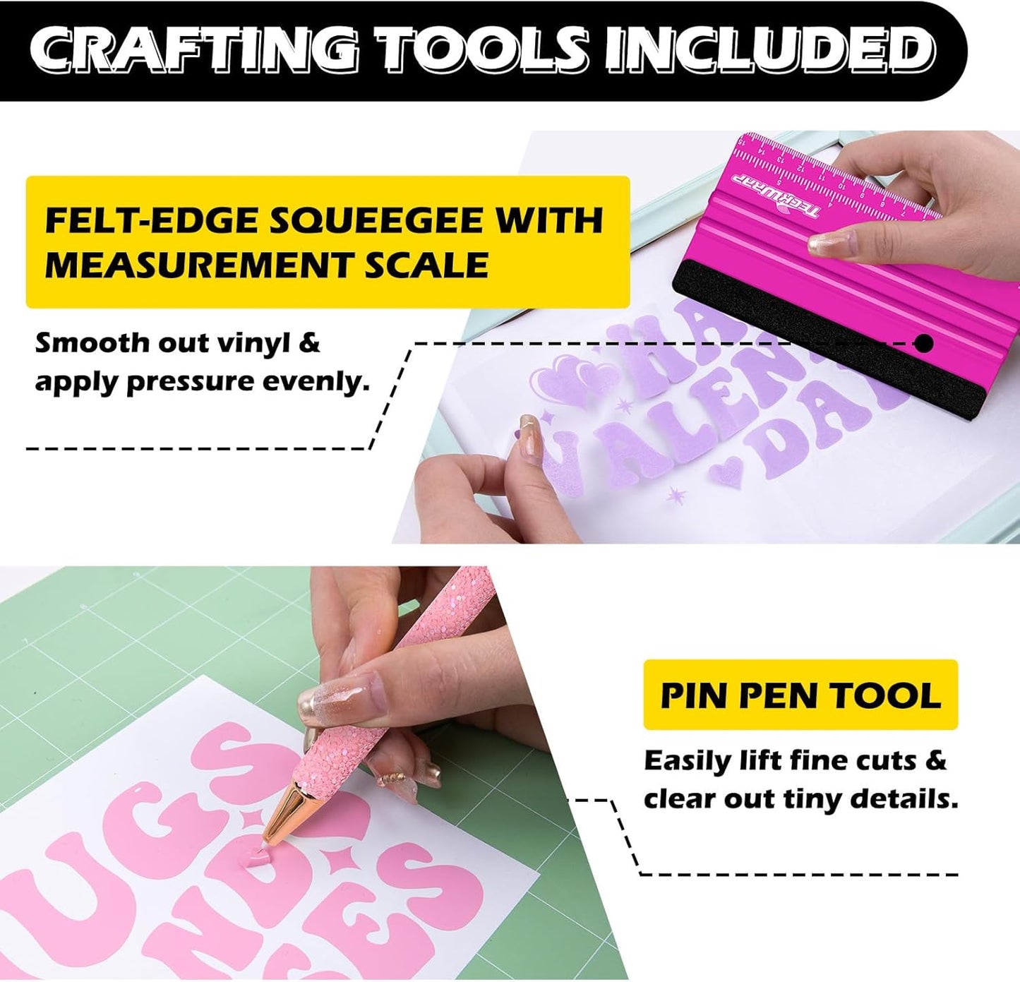 TECKWRAP 4 Pack 12"x12" Green Standard Adhesive Cutting Mats, with Precision Vinyl Pin Pen & 6 Inch Squeegee - Ideal for HTV, Vinyl, Quilting & Crafting, Compatible with Popular Cutting Machines