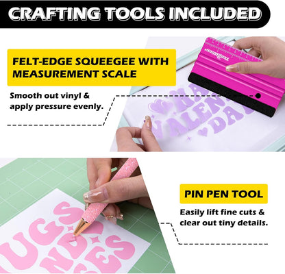 TECKWRAP 4 Pack 12"x12" Green Standard Adhesive Cutting Mats, with Precision Vinyl Pin Pen & 6 Inch Squeegee - Ideal for HTV, Vinyl, Quilting & Crafting, Compatible with Popular Cutting Machines