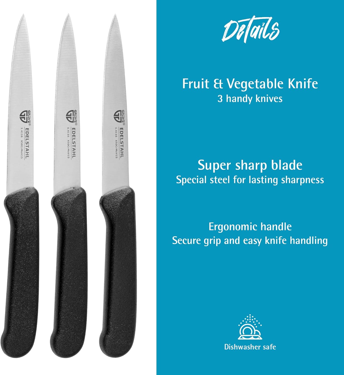GRÄWE Vegetable Knives Set of 3 Stainless Steel, Multi-Coloured, Super Sharp, Dishwasher Safe