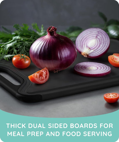 Cutting Boards for Kitchen, Plastic Cutting Board Set of 3, Dishwasher Safe Cutting Boards with Juice Grooves for Meat, Veggies, Fruits, Easy Grip Handle, Serveware Accessories (Gray)