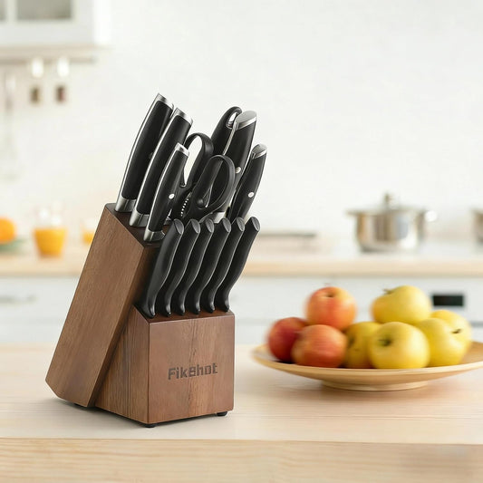 Fikshot Knife Set – Forged German Stainless Steel, Ultra-Sharp, 14-Piece with Knife Block & Sharpener, Full Tang Black Handle, Rust-Resistant, Dishwasher-Safe for Kitchens, Gift for Chefs