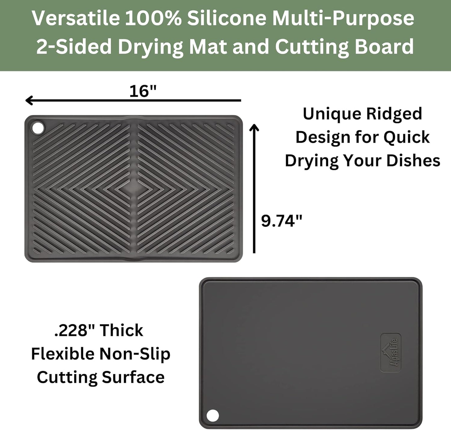 Set of 2 Silicone Kitchen Utility Mats - Double-Sided Dish Drying Mat, Non-Slip Cutting Board, Heat Resistant Trivet, Pet Bowl Mat, Flexible Food Grade Counter Protector, 16 x 9.74 in