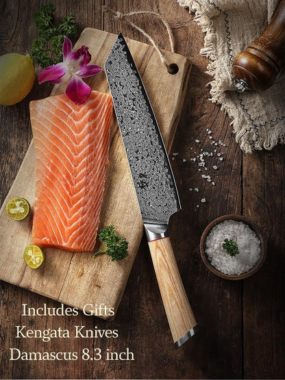 DONGSUN 8 Inch Damascus Chef Knife with North American Black Walnut Sheath, 67-Layer VG10 Forged Steel Japanese Gyuto, Professional Durable Sharpness