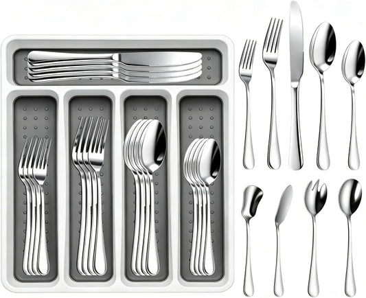 45-Piece Silverware Set with Organizer – Stainless Steel Flatware Cutlery Set for 8, Includes Forks, Knives, Spoons & Serving Utensils, for Dining, Entertaining & Housewarming