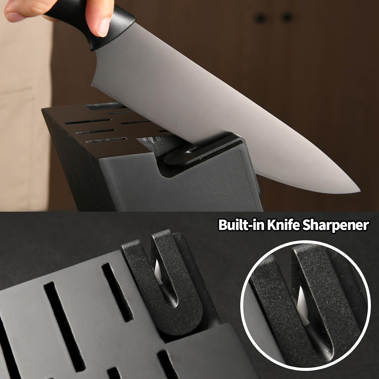 Kitchen Knife Set,14-Piece Knife Set With Block Wooden, Self Sharpening For Chef Knife Set, High Carbon German Stainless Steel Hammered Collection Knife Block Set, Dishwasher Safe Cutlery, Cream