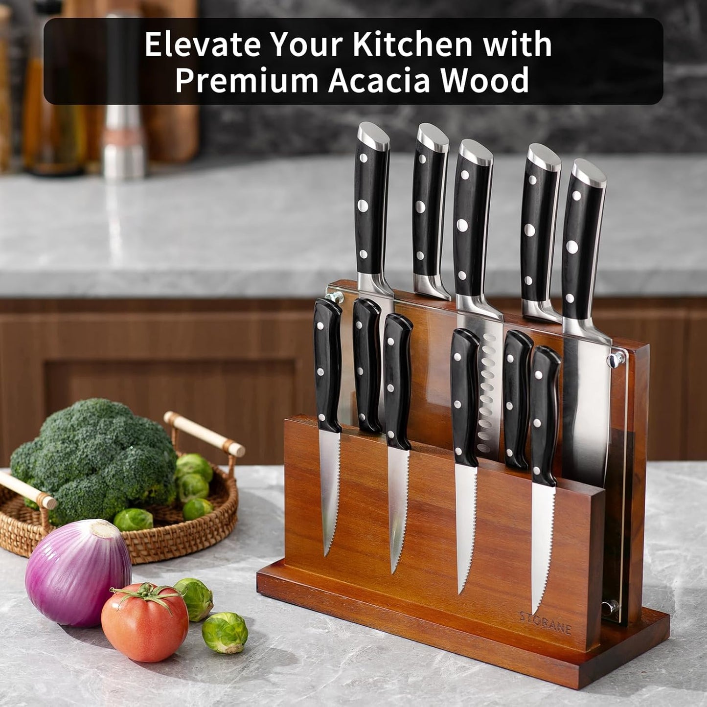 Magnetic Knife Block Acacia Wood -Double Sided Magnetic Knife Holder Rack for Kitchen Counter -Universal Knife Block Without Knives Wooden Multifunctional Storage Fully Assembled