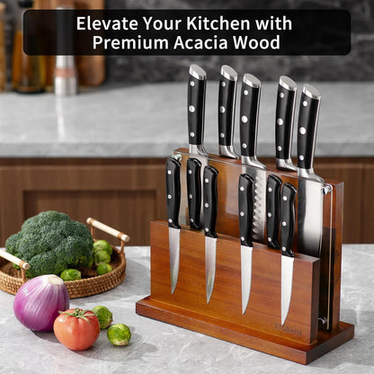 Magnetic Knife Block Acacia Wood -Double Sided Magnetic Knife Holder Rack for Kitchen Counter -Universal Knife Block Without Knives Wooden Multifunctional Storage Fully Assembled