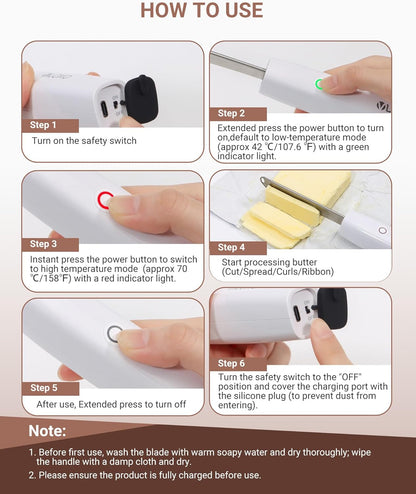 VLOXO Heated Butter Knife, Electric Cold Butter Spreader with 2 Heat Modes Fast Warming Without Tearing Toast Cordless Rechargeable Butter Knife for Hard Butter Cheese Honey Jam and Peanut Butter