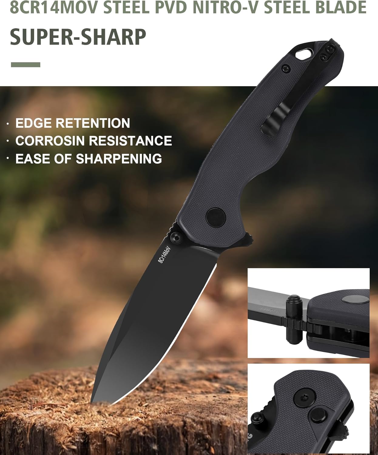 Pocket Folding Knife(EDC)- With 2.99” 8Cr14MoV Steel Blade and G10 Handle,- Lightweight Folding knives with Clip for Camping, Hiking, Hunting Survival Multi-Knife (Green)