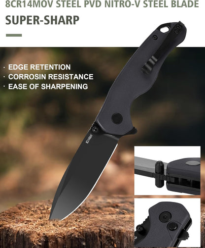 Pocket Folding Knife(EDC)- With 2.99” 8Cr14MoV Steel Blade and G10 Handle,- Lightweight Folding knives with Clip for Camping, Hiking, Hunting Survival Multi-Knife (Green)