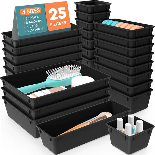 SpaceHacks 25 PCS Plastic Drawer Organizer Set, 4-Size Versatile Organizer Trays & storage Bins for Makeup, Jewelry, and Gadgets in Bathroom, Bedroom and Office,Clear Black