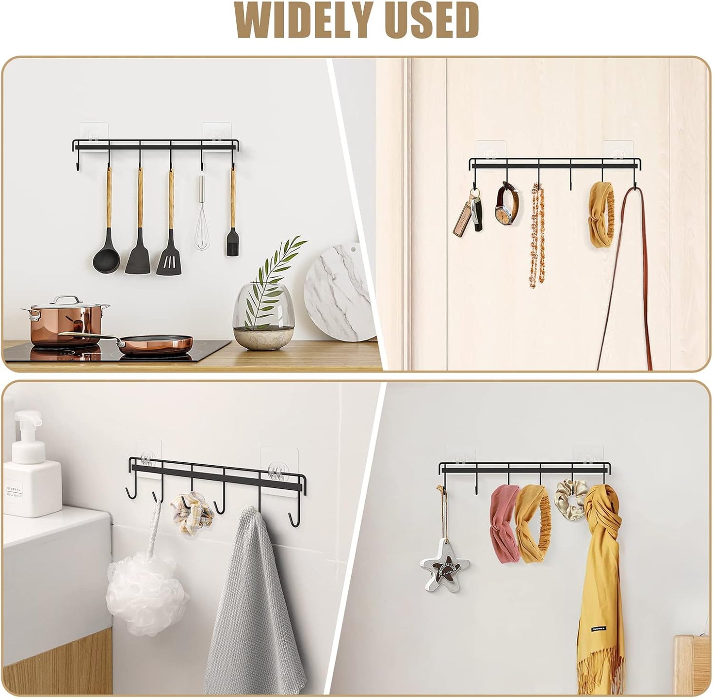 Kitchen Utensil Hanger, Adhesive Utensil Holder Wall Mount Kitchen Rack Rail with 12 Hooks, Space Saving and No Drilling, White, 2 Pcs