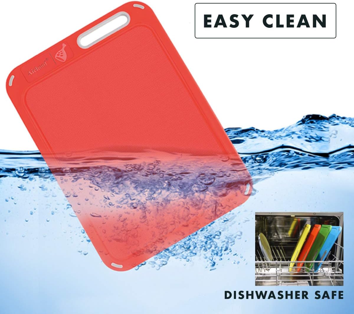 Plastic Cutting Boards Set of 4 with Holder, Color-Coded Chopping Boards for Meat Fish Vegetables & Bread, BPA-Free, Dishwasher Safe, Non-Slip Kitchen Cutting Board Set