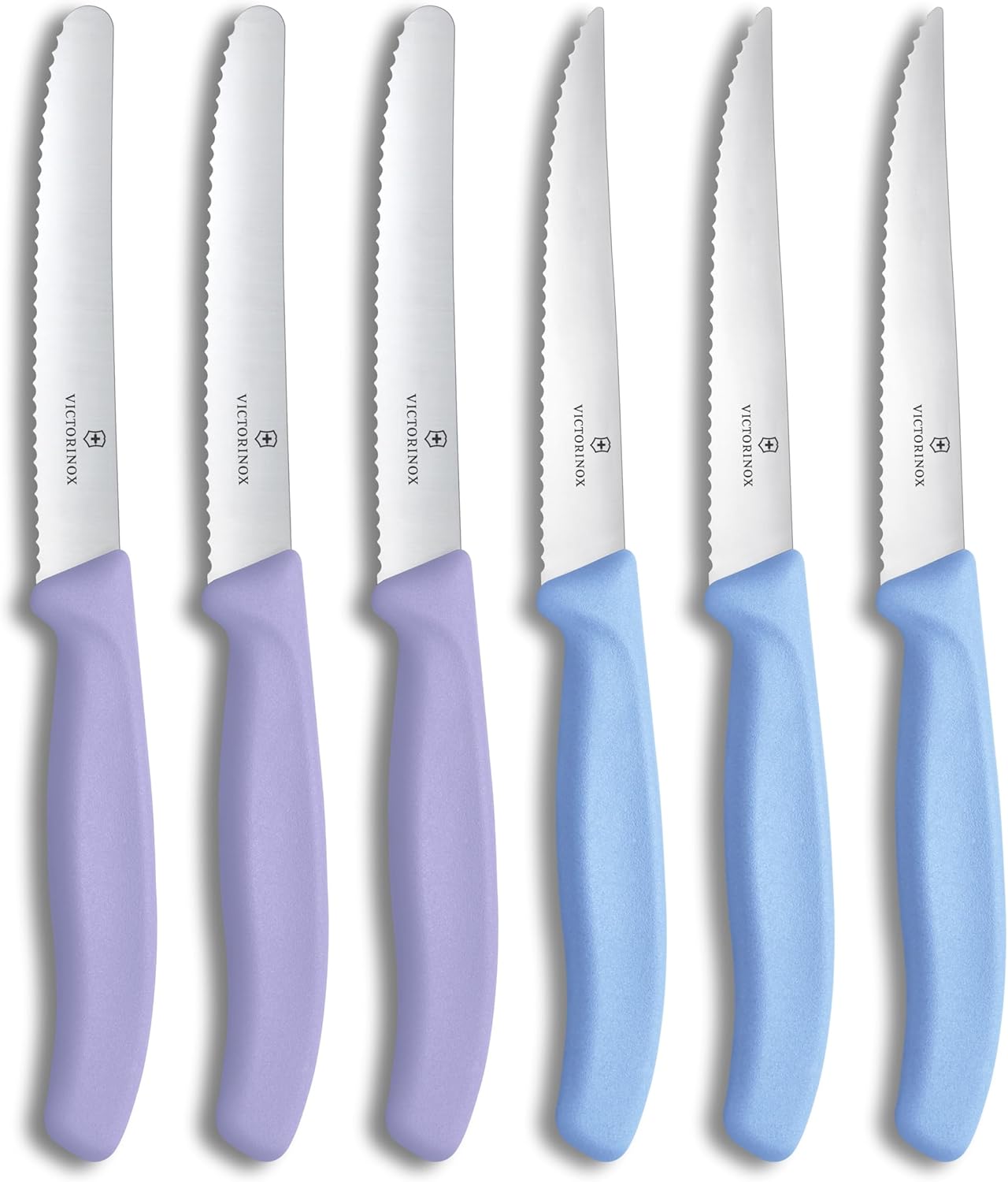 Victorinox Swiss Classic, Tomato & Steak Knife Set, 6-piece, sharp blade, serrated edge, 4.3 Inch, stainless steel, Lavender, Sky Blue